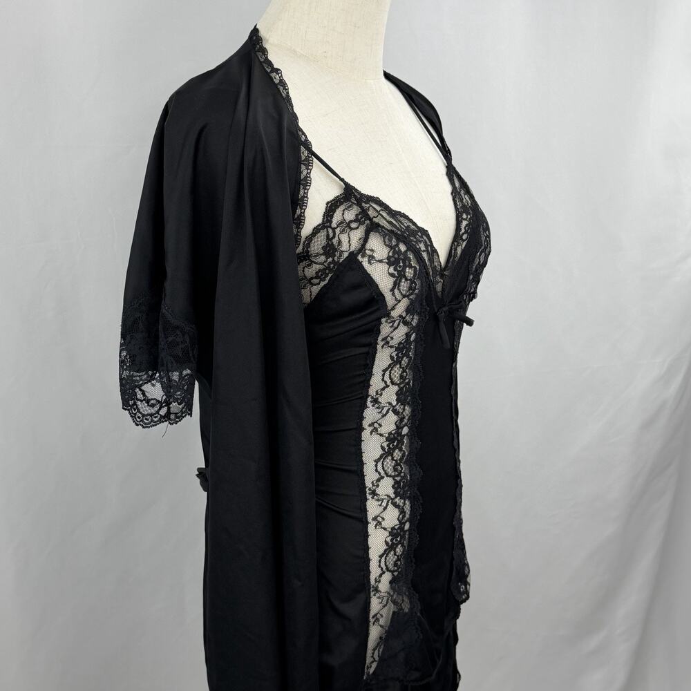 Vintage Sears Black Lace Lingerie Set Robe Slip Dress Sheer Babydoll 70s 80s Sm - Picture 5 of 8